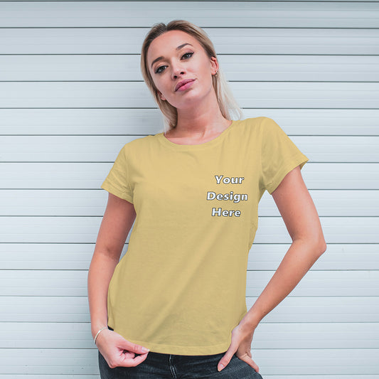 Beige Round Neck Classic Customized T-Shirt Front Pocket Design | Women