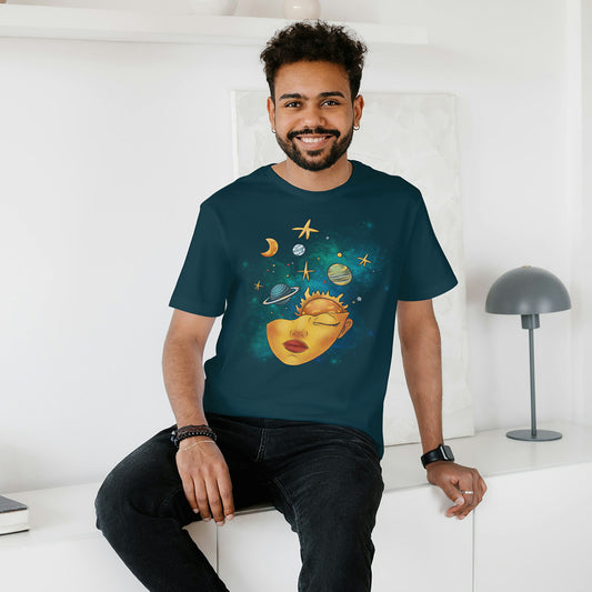 Petrol Blue Round Neck Oversized Cotton Printed T-shirt - Cosmic Serenity