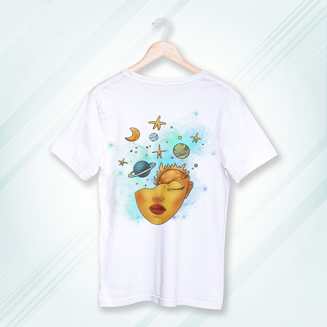 White Round Neck Oversized Cotton Printed T-shirt - Cosmic Serenity