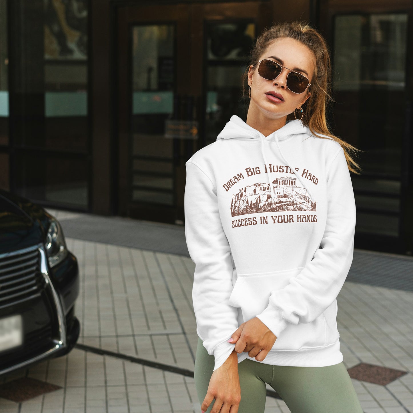 White Hoodie Sweatshirt | Dream Big Hustle Hard Success in Your Hands Unisex