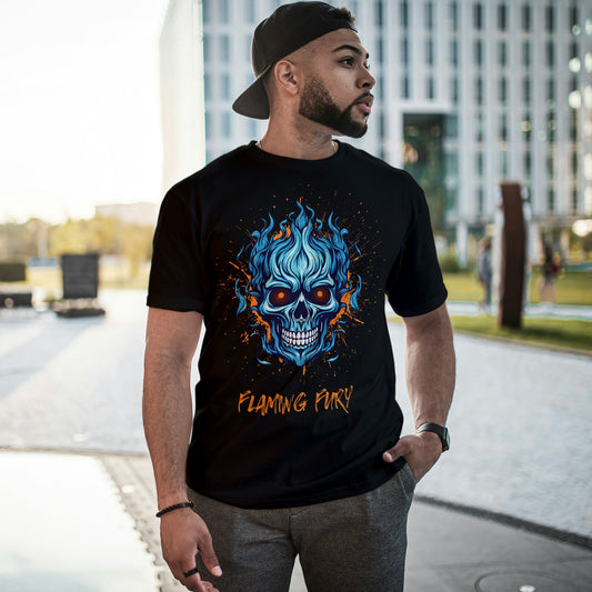 Black Round Neck Oversized Cotton Printed T-shirt Flaming Fury Unisex