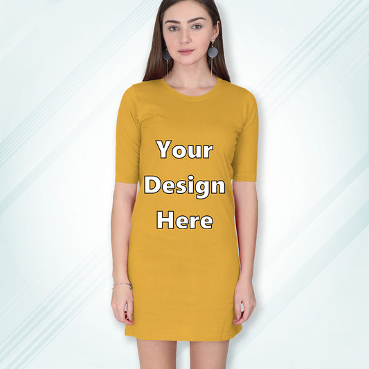 Golden Yellow Customized Long T-Shirt Dress with Side Pockets Front Design | Women