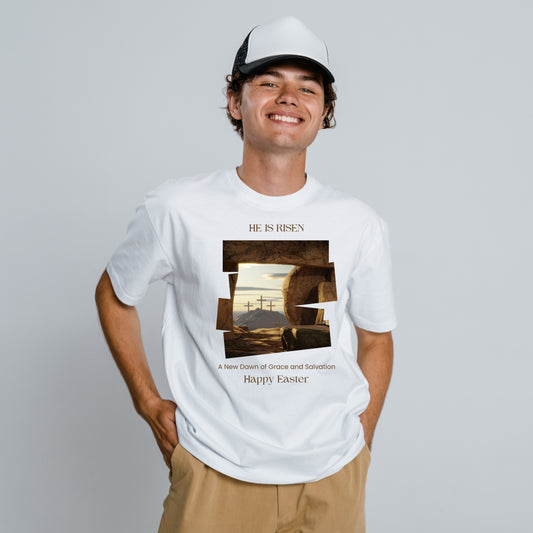 White Round Neck Classic Crew Solid T-shirt He is Risen Happy Easter