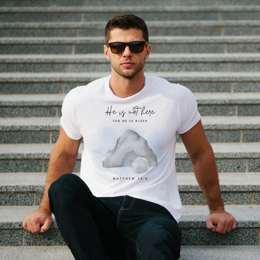 White Round Neck Classic Crew Solid T-shirt Jesus He is not Here for He is Risen