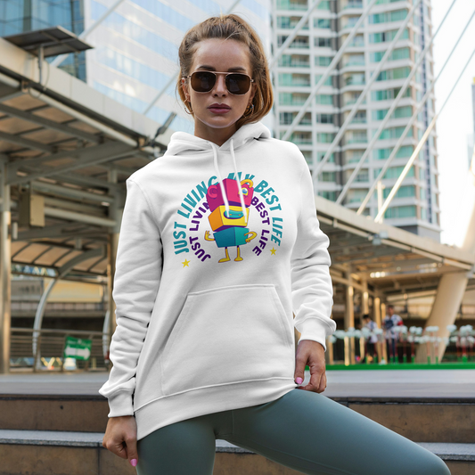 White Hoodie Sweatshirt | Just Living My Best Life Unisex