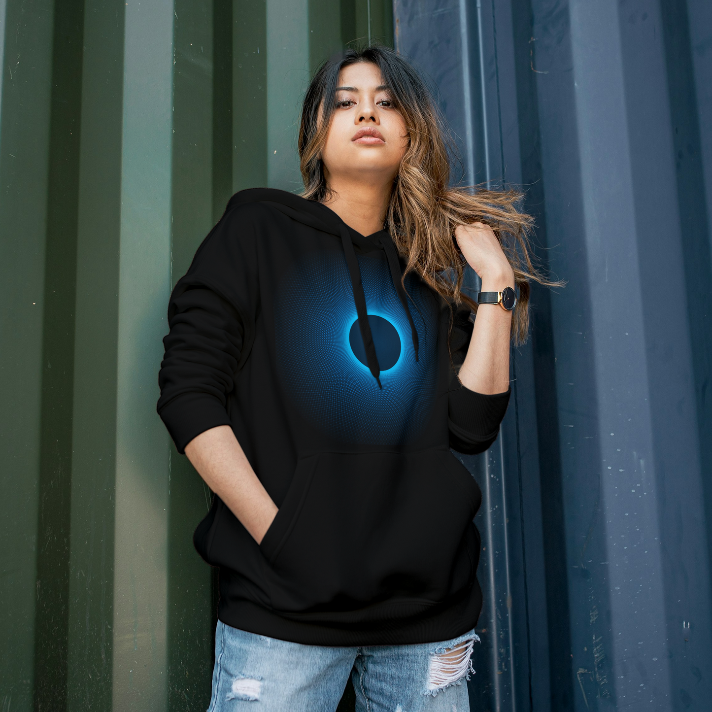 Black Hoodie Sweatshirt | Neon Blue Spirograph Unisex