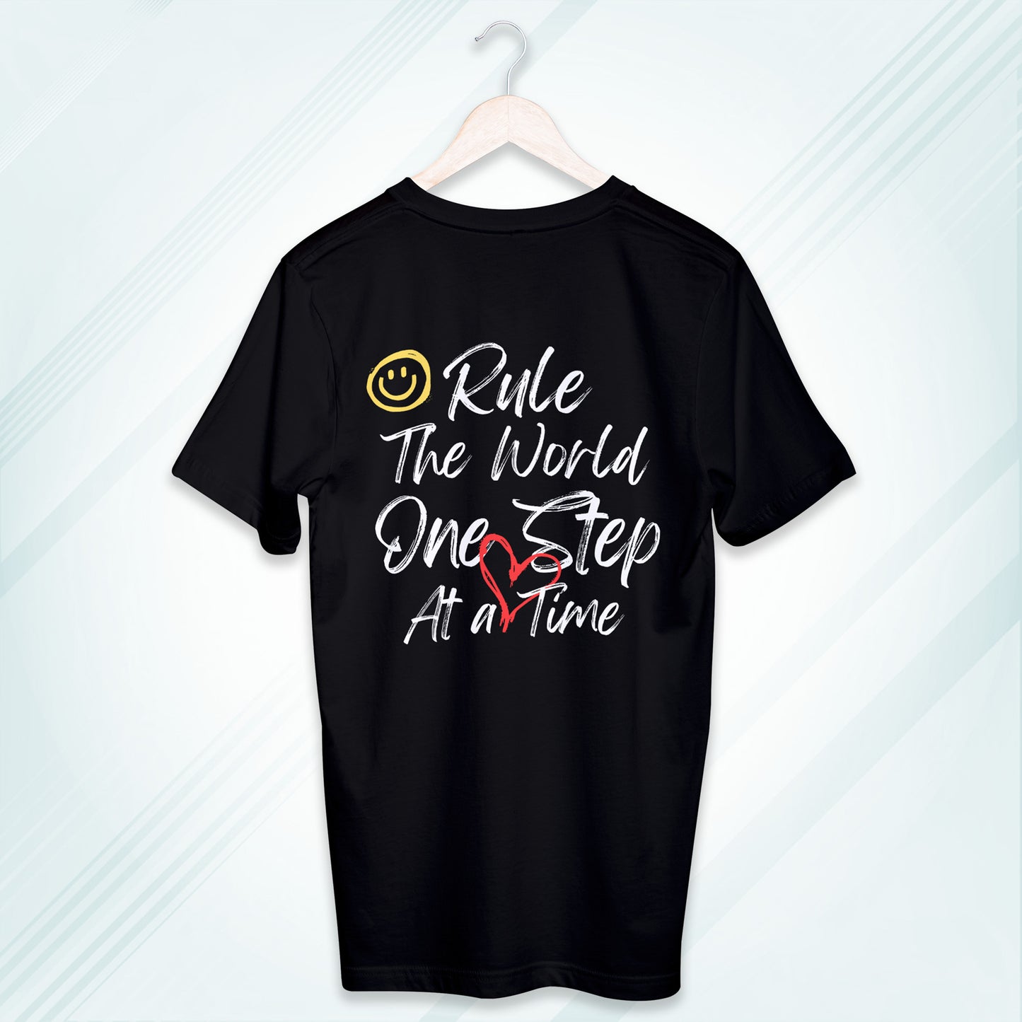Black Round Neck Classic Crew Solid T-shirt Rule The World One Step At a Time