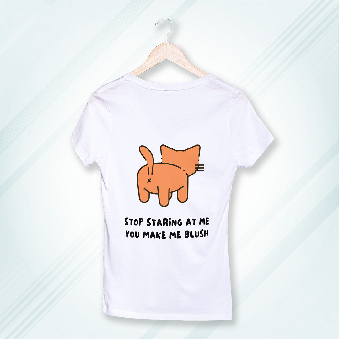 White Round Neck Classic Printed Classic T-Shirt Stop Staring Cat | Women