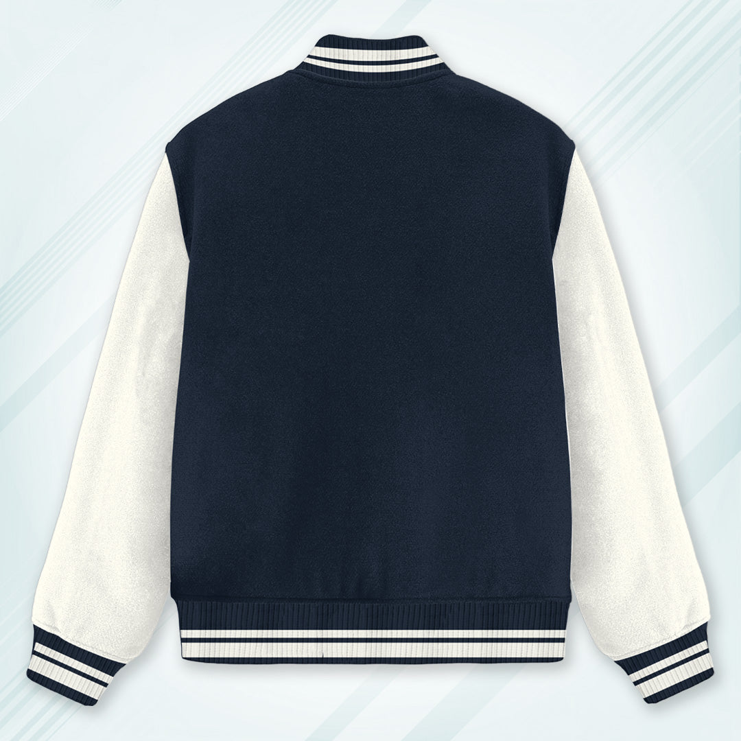 Navy Varsity Unisex Long Sleeves Band Neck Cotton Blend Varsity Jacket