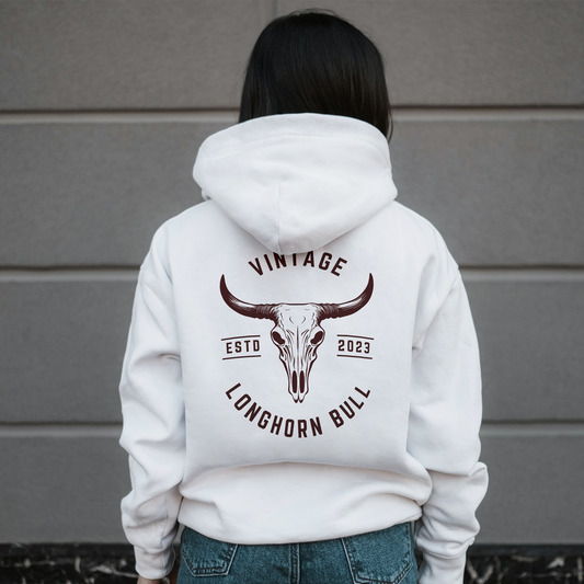 White Hoodie Sweatshirt | Vintage Longhorn Bull Unisex