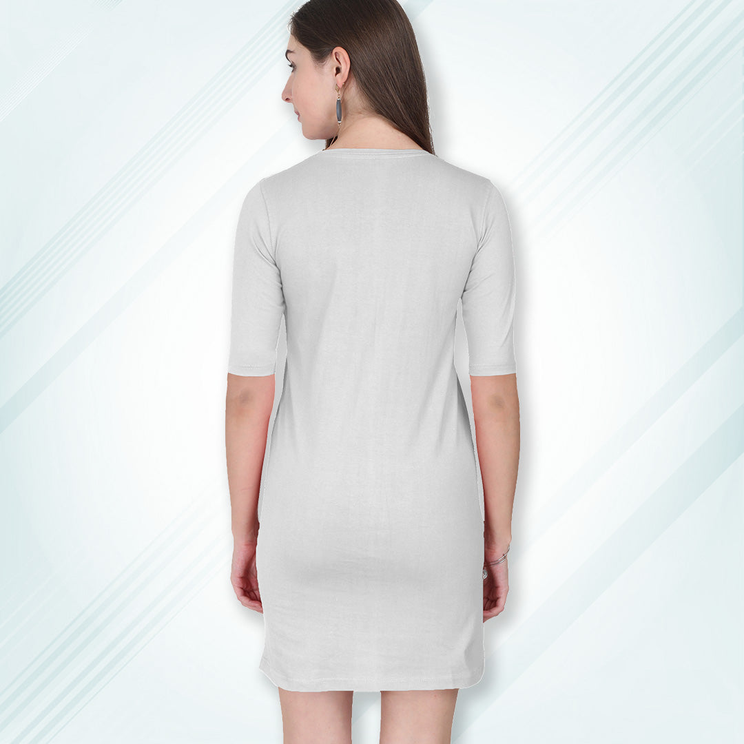 White Long T-Shirt Dress | Knee Length 3/4 Quarter Sleeves Cotton Tops with Side Pockets | Women