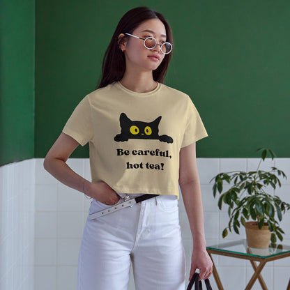 Be Careful Hot Tea! Cat Cotton Round Neck Half Sleeve Crop Top | Women