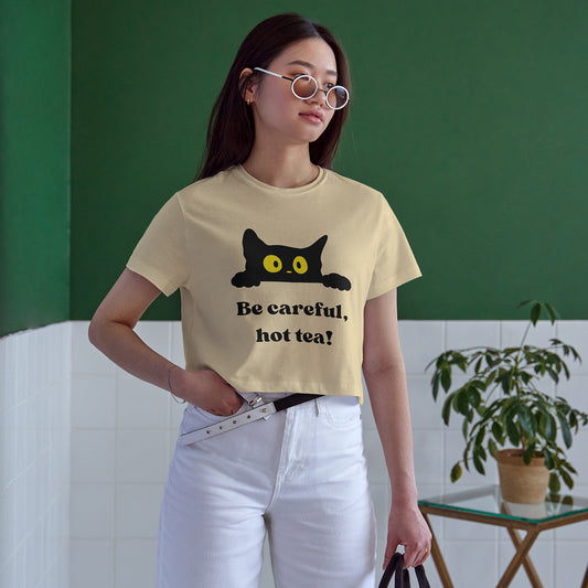 Be Careful Hot Tea! Cat Cotton Round Neck Half Sleeve Crop Top | Women
