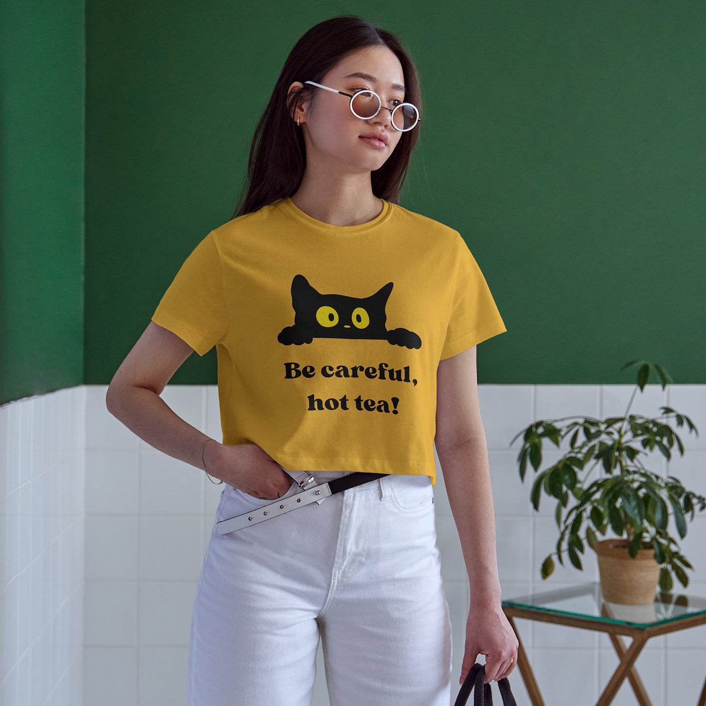 Be Careful Hot Tea! Cat Cotton Round Neck Half Sleeve Crop Top | Women