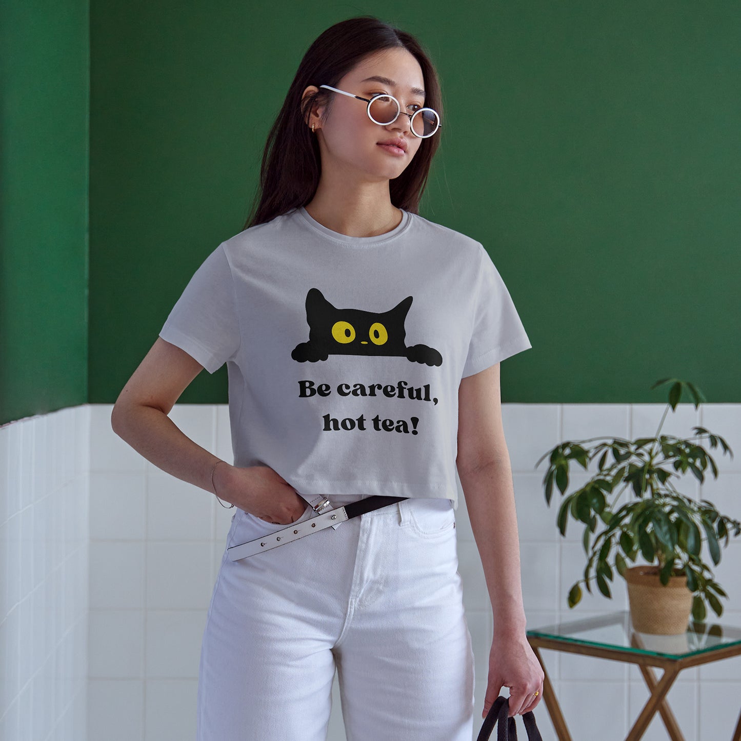Be Careful Hot Tea! Cat Cotton Round Neck Half Sleeve Crop Top | Women
