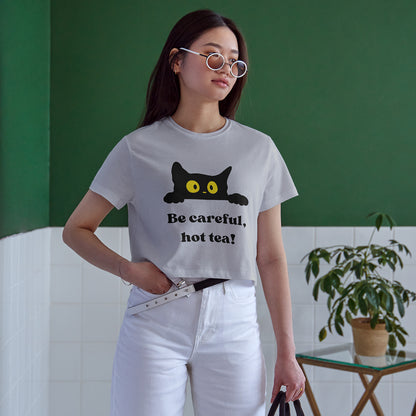 Be Careful Hot Tea! Cat Cotton Round Neck Half Sleeve Crop Top | Women