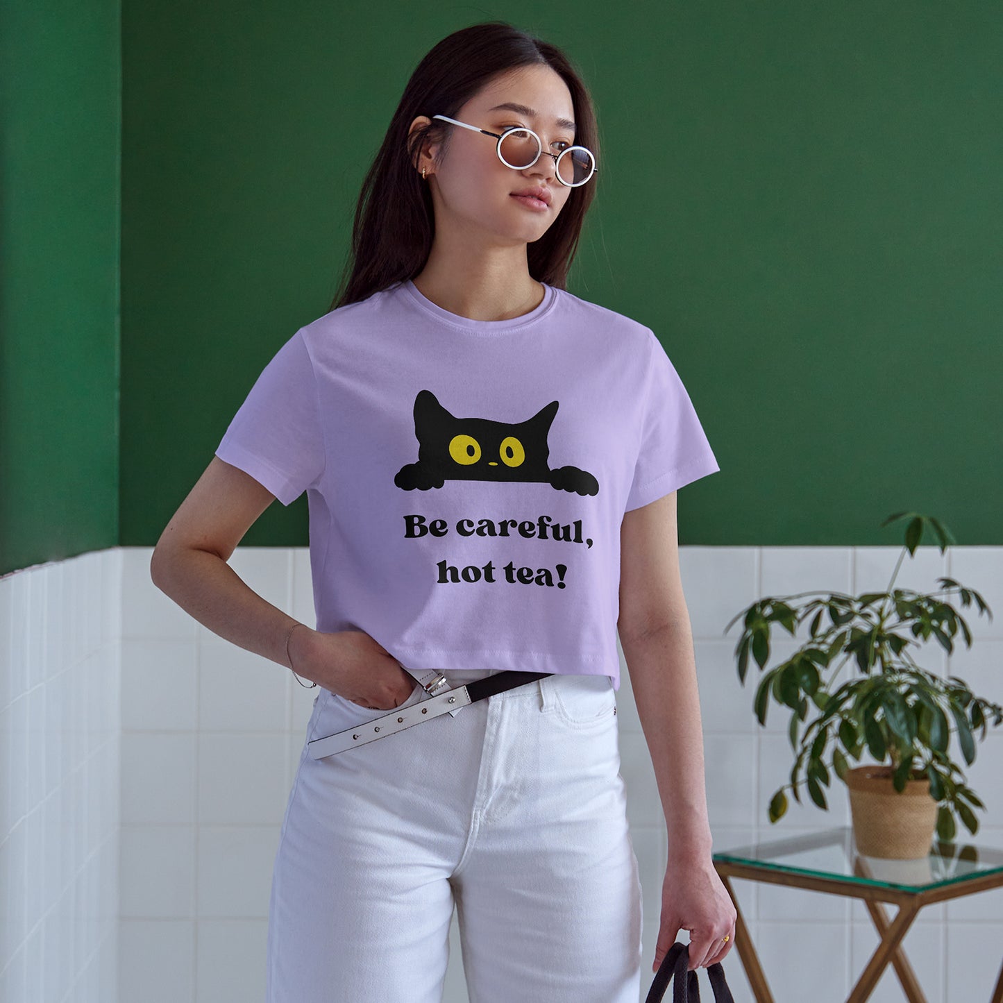 Be Careful Hot Tea! Cat Cotton Round Neck Half Sleeve Crop Top | Women