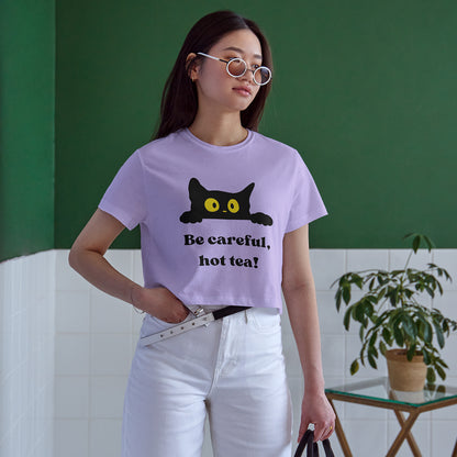 Be Careful Hot Tea! Cat Cotton Round Neck Half Sleeve Crop Top | Women