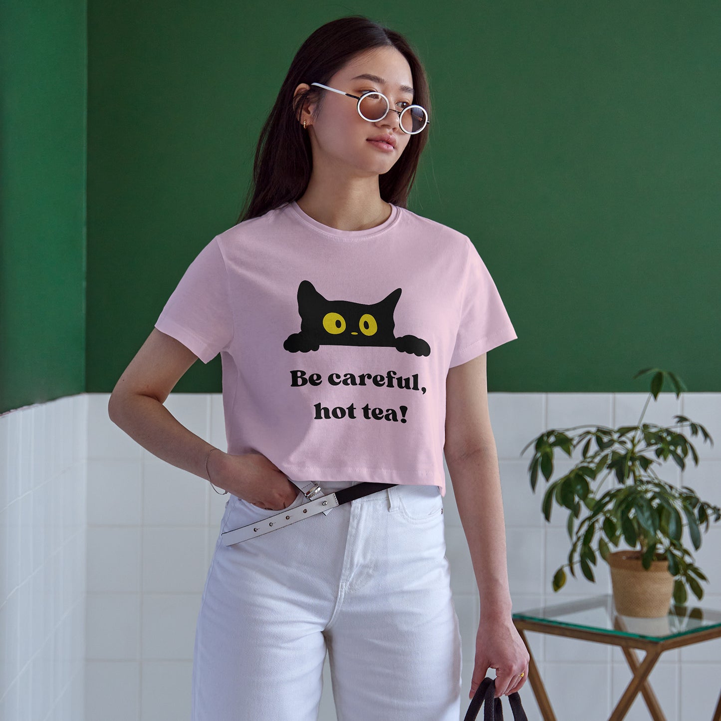 Be Careful Hot Tea! Cat Cotton Round Neck Half Sleeve Crop Top | Women