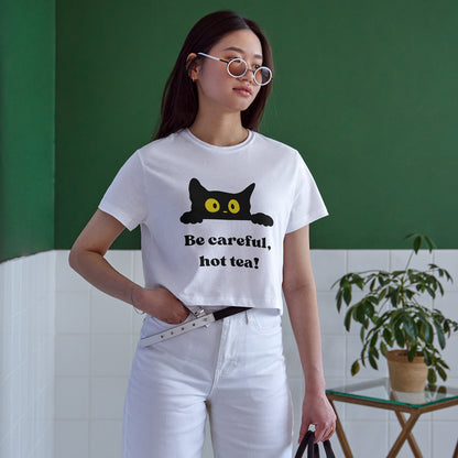 Be Careful Hot Tea! Cat Cotton Round Neck Half Sleeve Crop Top | Women