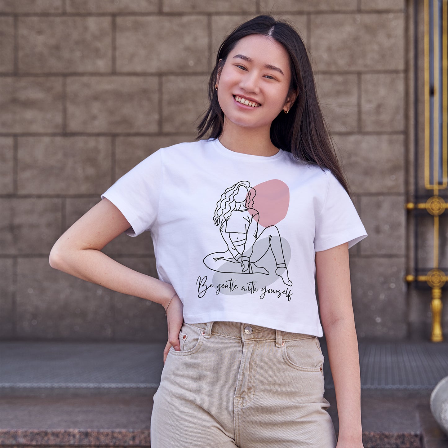 Be Gentle with Yourself Lady Cotton Round Neck Half Sleeve Crop Top | Women