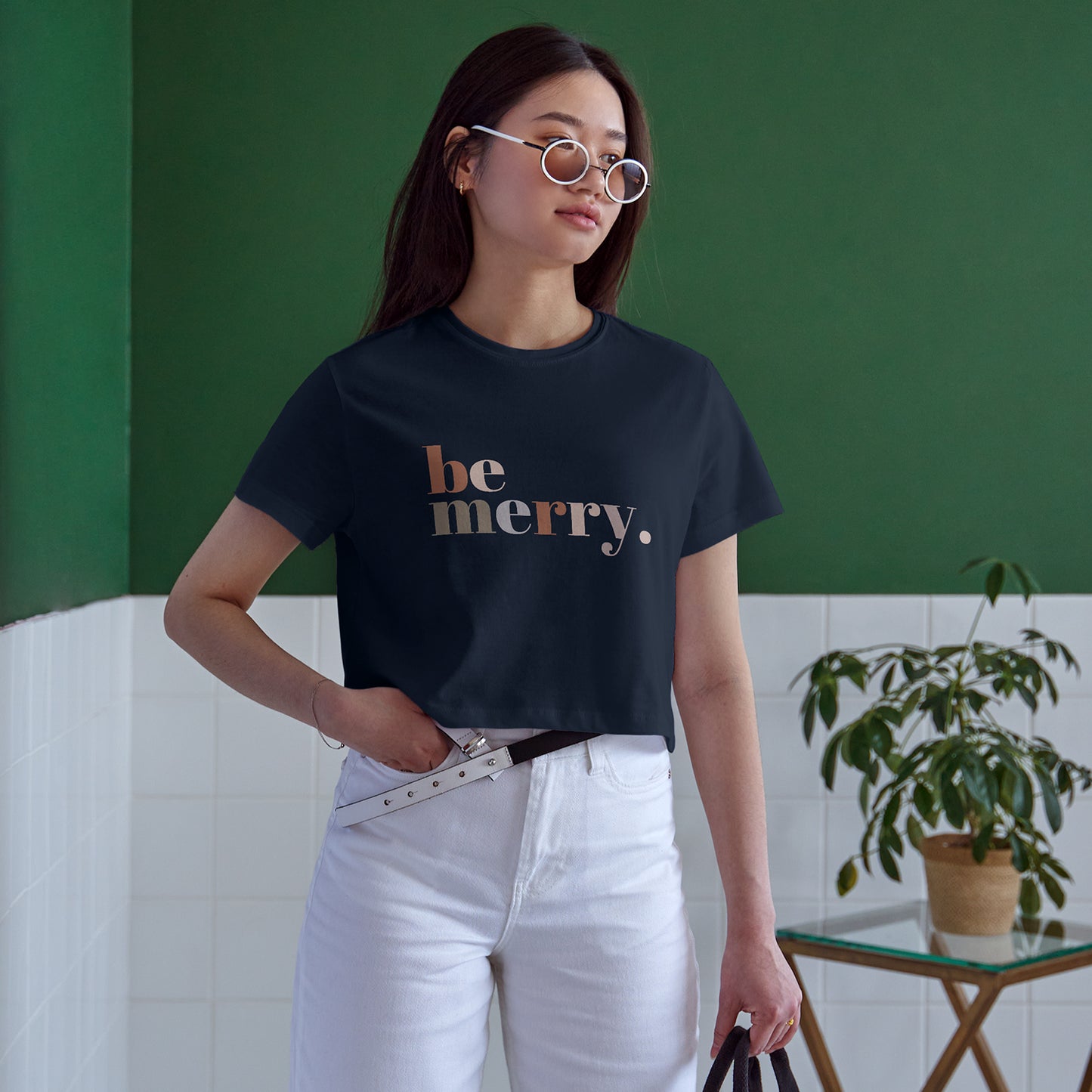 Be Merry Cotton Round Neck Half Sleeve Crop Top | Women