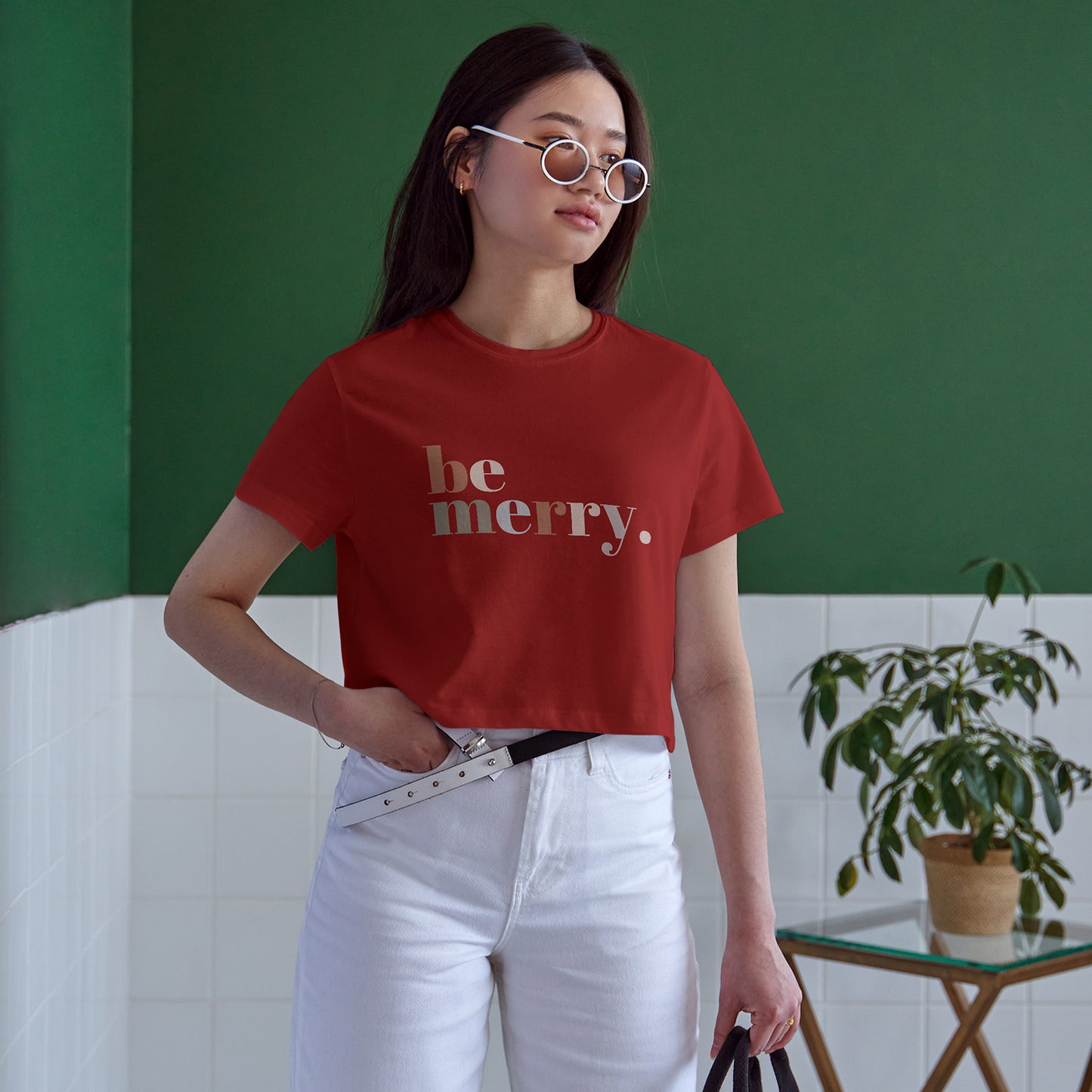 Be Merry Cotton Round Neck Half Sleeve Crop Top | Women