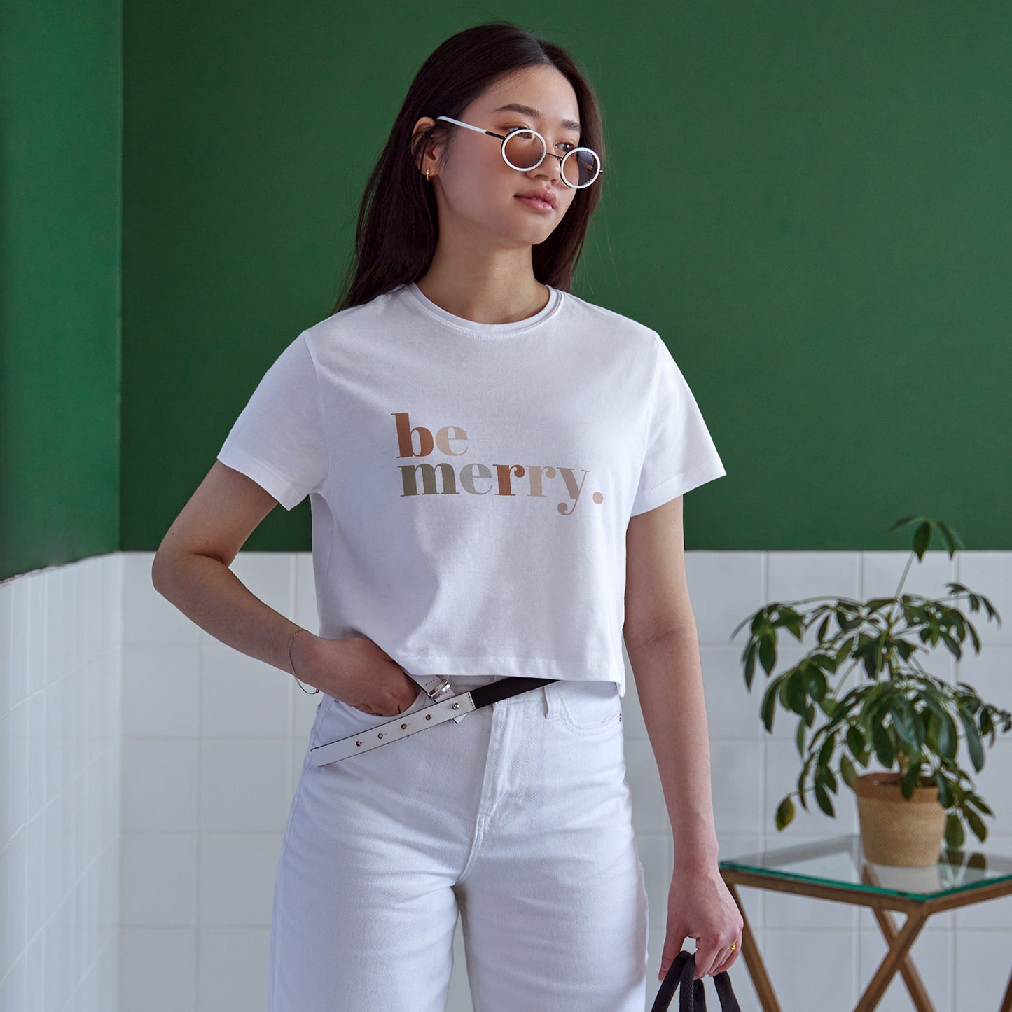 Be Merry Cotton Round Neck Half Sleeve Crop Top | Women