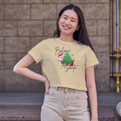 Believe in Santa Cotton Round Neck Half Sleeve Crop Top | Women