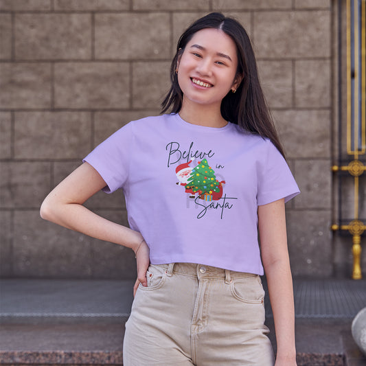 Believe in Santa Cotton Round Neck Half Sleeve Crop Top | Women