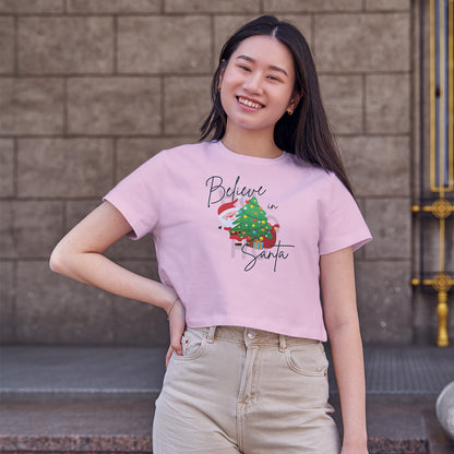 Believe in Santa Cotton Round Neck Half Sleeve Crop Top | Women