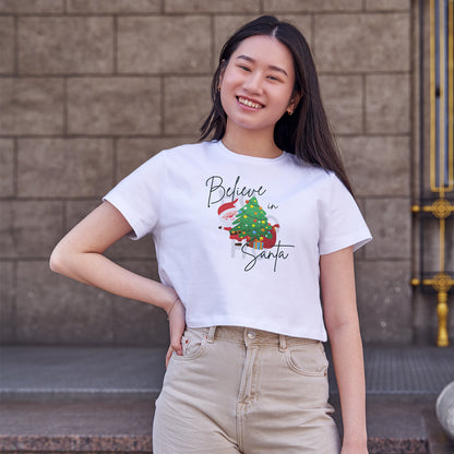Believe in Santa Cotton Round Neck Half Sleeve Crop Top | Women