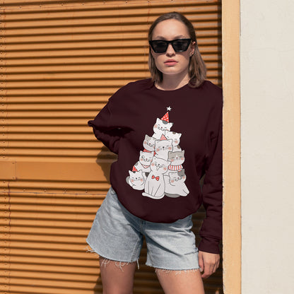 Cotton Printed Unisex Sweatshirt Cat Christmas Tree