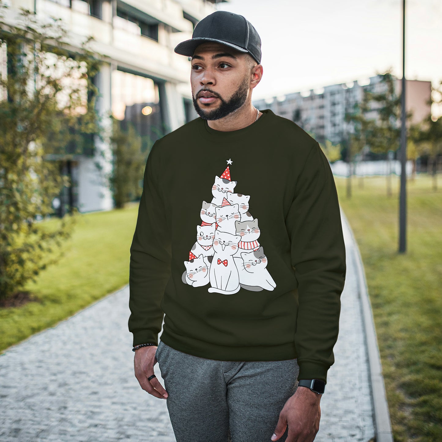 Cotton Printed Unisex Sweatshirt Cat Christmas Tree