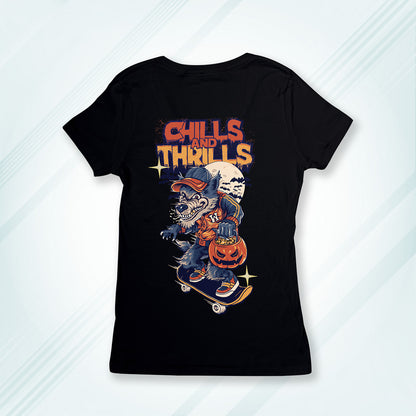 Black Round Neck Classic Printed Classic T-Shirt Chills and Thrills Skate | Women