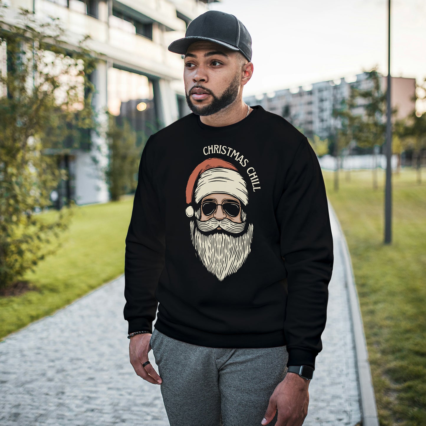 Black Cotton Printed Unisex Sweatshirt Christmas Chill Santa