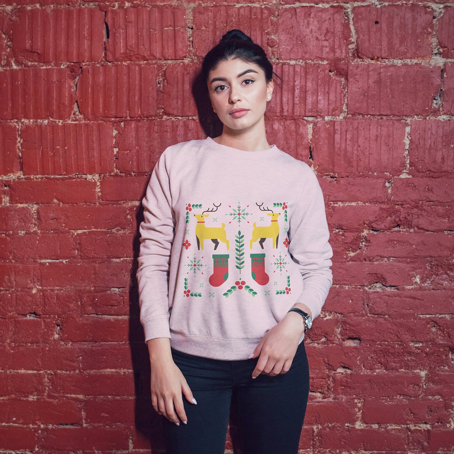 Cotton Printed Unisex Sweatshirt Christmas Deer Stocking