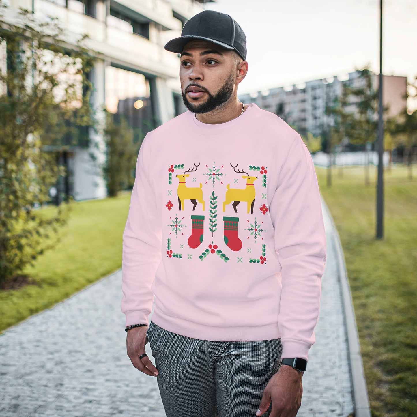 Cotton Printed Unisex Sweatshirt Christmas Deer Stocking