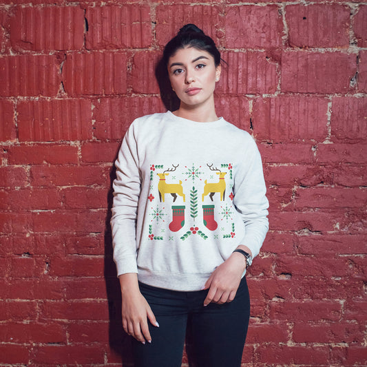 Cotton Printed Unisex Sweatshirt Christmas Deer Stocking