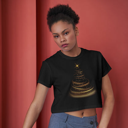 Christmas Tree Sparkle Cotton Round Neck Half Sleeve Crop Top | Women