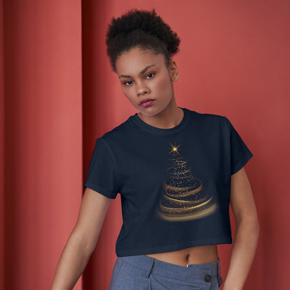 Christmas Tree Sparkle Cotton Round Neck Half Sleeve Crop Top | Women