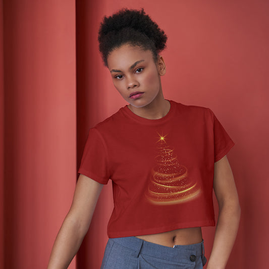 Christmas Tree Sparkle Cotton Round Neck Half Sleeve Crop Top | Women