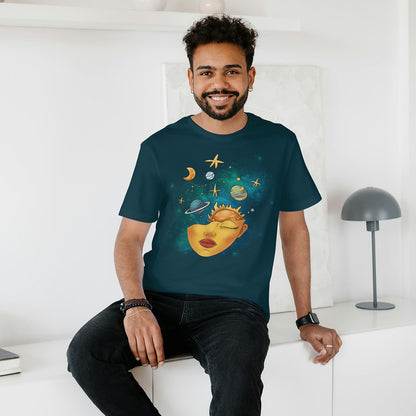 Petrol Blue Round Neck Oversized Cotton Printed T-shirt - Cosmic Serenity