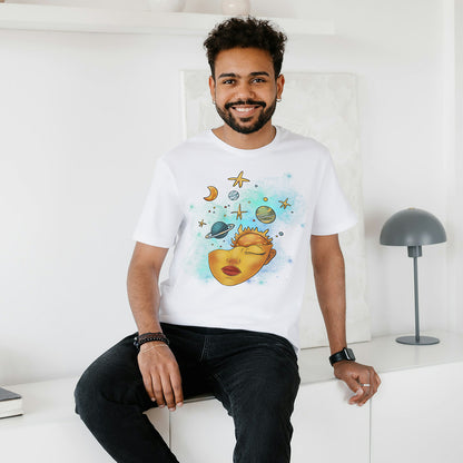 White Round Neck Oversized Cotton Printed T-shirt - Cosmic Serenity