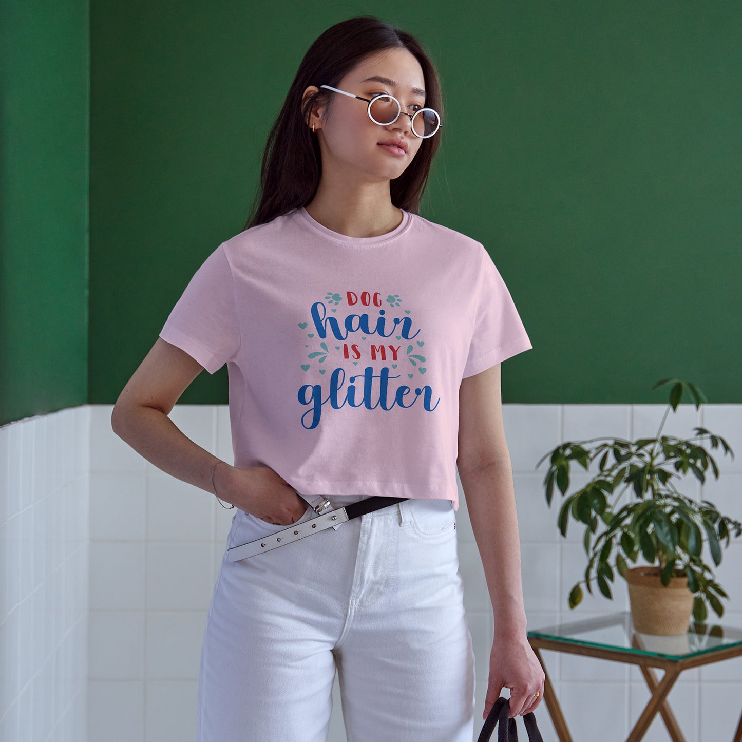Dog Hair is my Glitter Cotton Round Neck Half Sleeve Crop Top | Women