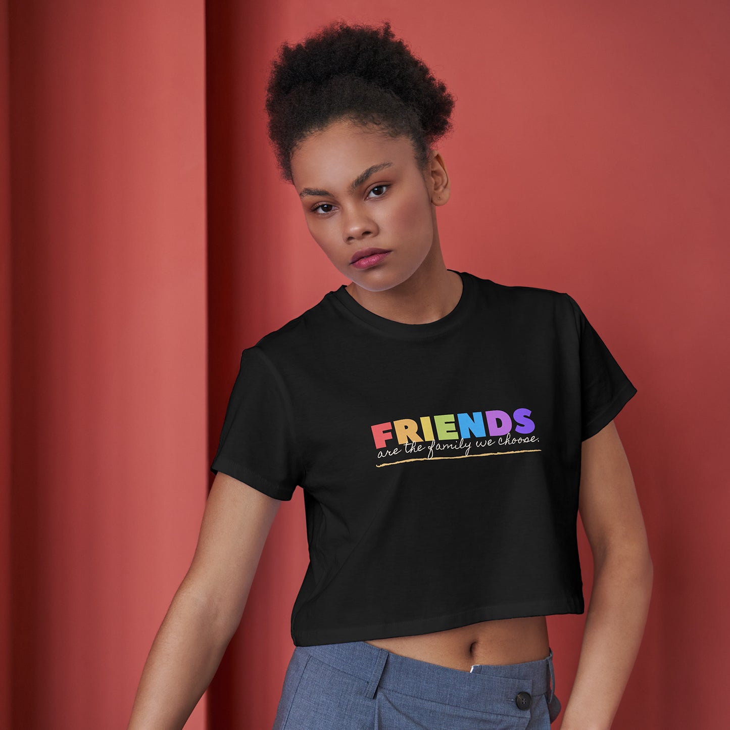 Friends are the Family we Choose Cotton Round Neck Half Sleeve Crop Top | Women