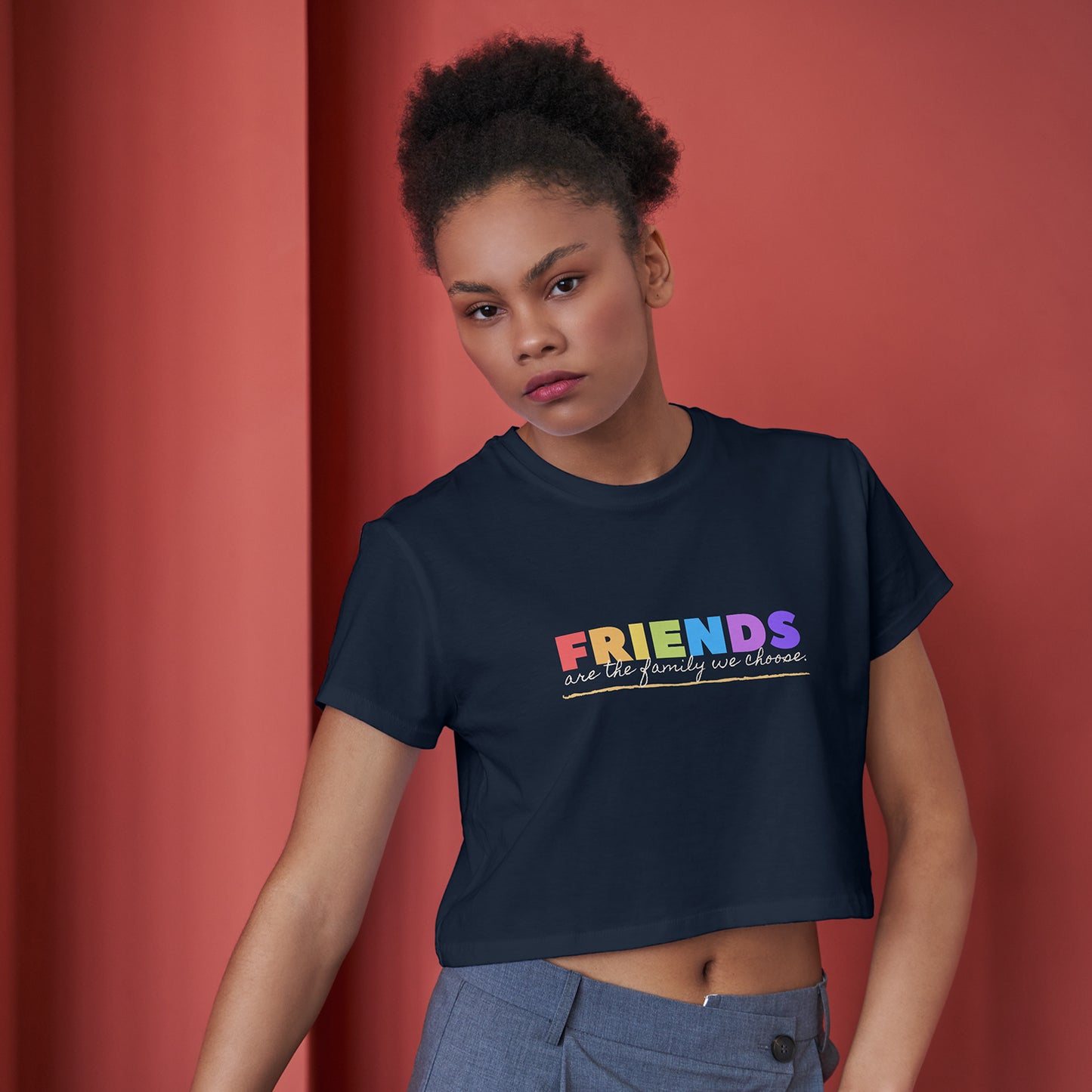 Friends are the Family we Choose Cotton Round Neck Half Sleeve Crop Top | Women