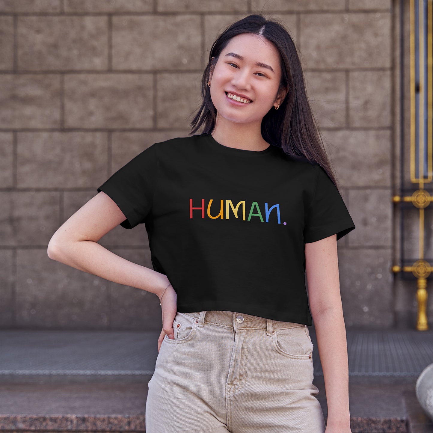 Human Colorful Text Cotton Round Neck Half Sleeve Crop Top | Women