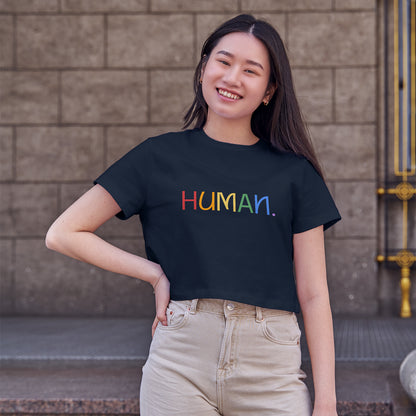 Human Colorful Text Cotton Round Neck Half Sleeve Crop Top | Women
