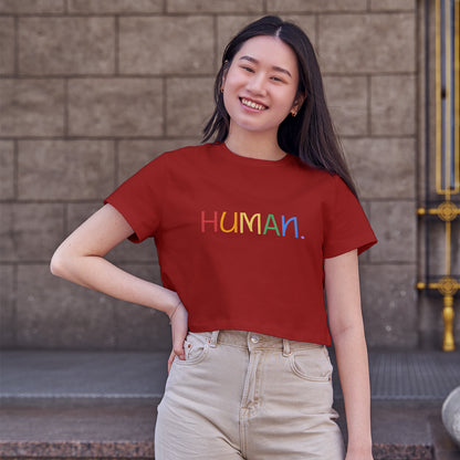 Human Colorful Text Cotton Round Neck Half Sleeve Crop Top | Women